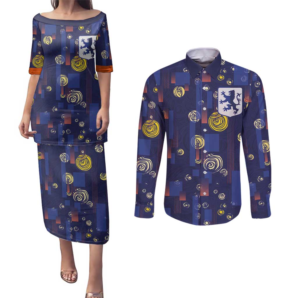 Custom Netherlands Football Couples Matching Puletasi and Long Sleeve Button Shirt Starry Night Style