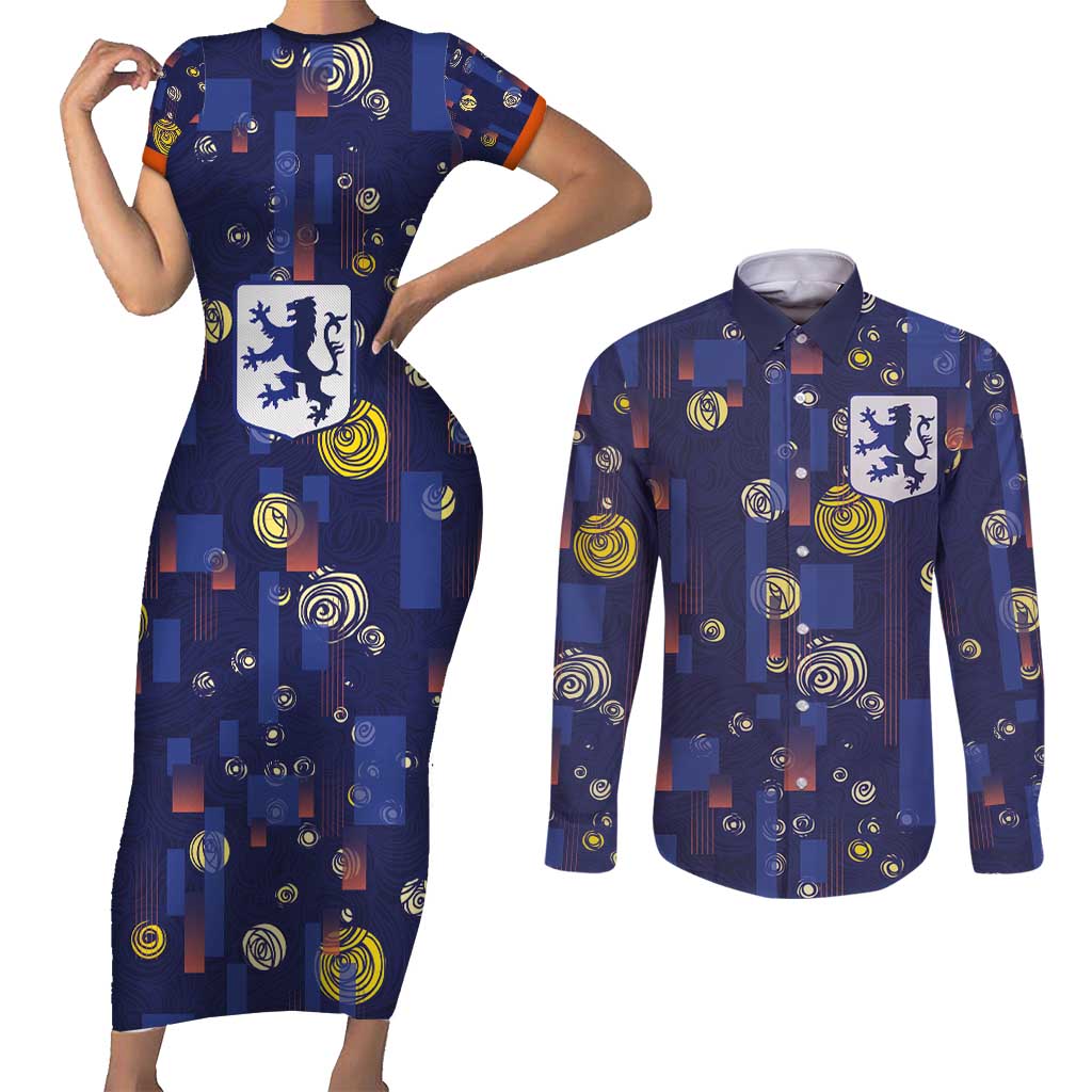 Custom Netherlands Football Couples Matching Short Sleeve Bodycon Dress and Long Sleeve Button Shirt Starry Night Style