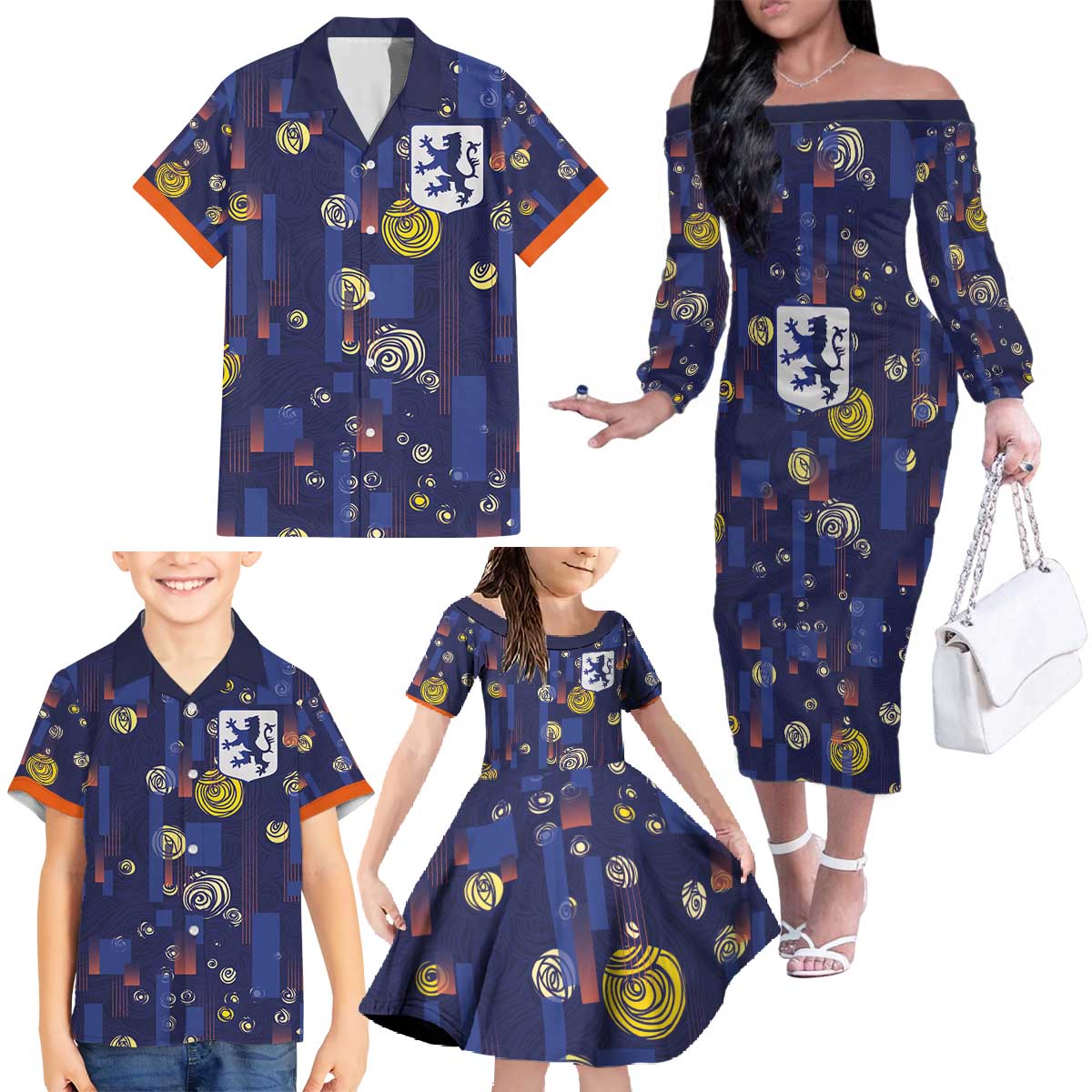 Custom Netherlands Football Family Matching Off The Shoulder Long Sleeve Dress and Hawaiian Shirt Starry Night Style