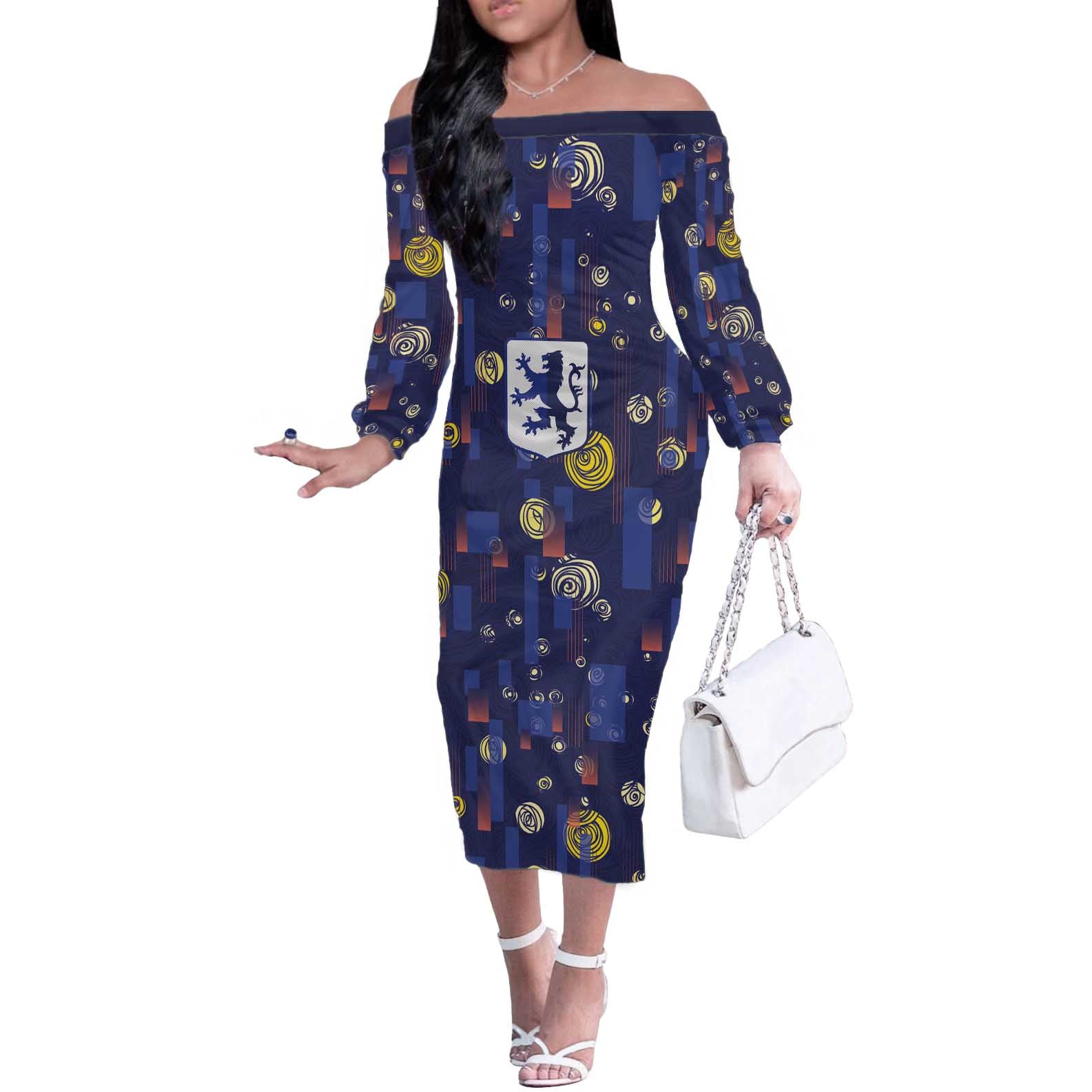 Custom Netherlands Football Off The Shoulder Long Sleeve Dress Starry Night Style