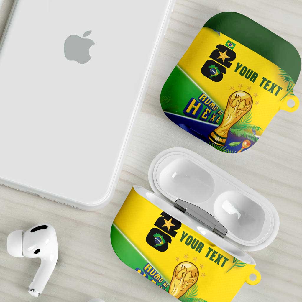 Personalized Brasil Rumo ao Hexa 26 AirPods Case World Trophy Gold Tropical Plants Carnival Style