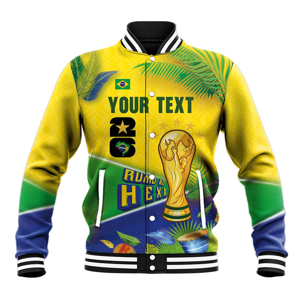 Personalized Brasil Rumo ao Hexa 26 Baseball Jacket World Trophy Gold Tropical Plants Carnival Style