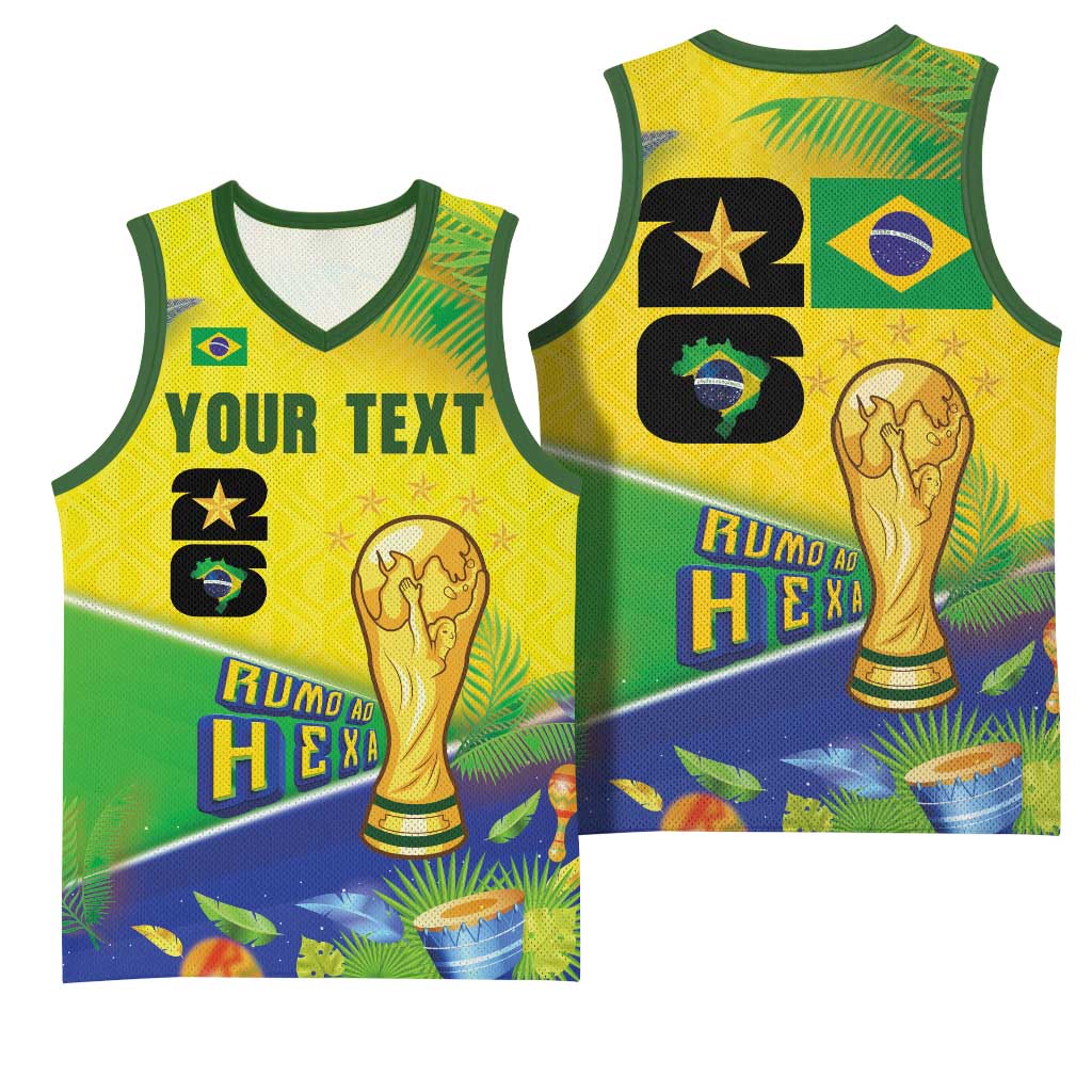 Personalized Brasil Rumo ao Hexa 26 Basketball Jersey World Trophy Gold Tropical Plants Carnival Style