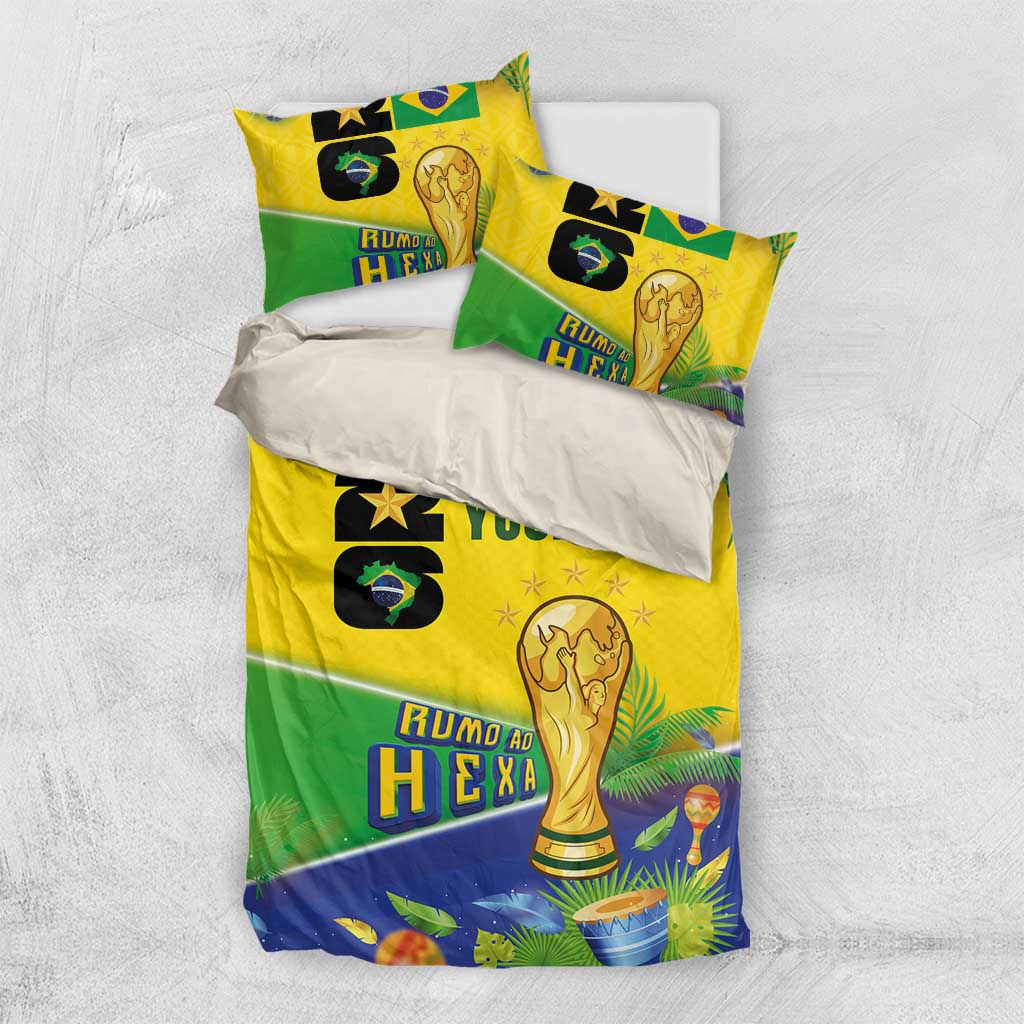 Personalized Brasil Rumo ao Hexa 26 Bedding Set World Trophy Gold Tropical Plants Carnival Style