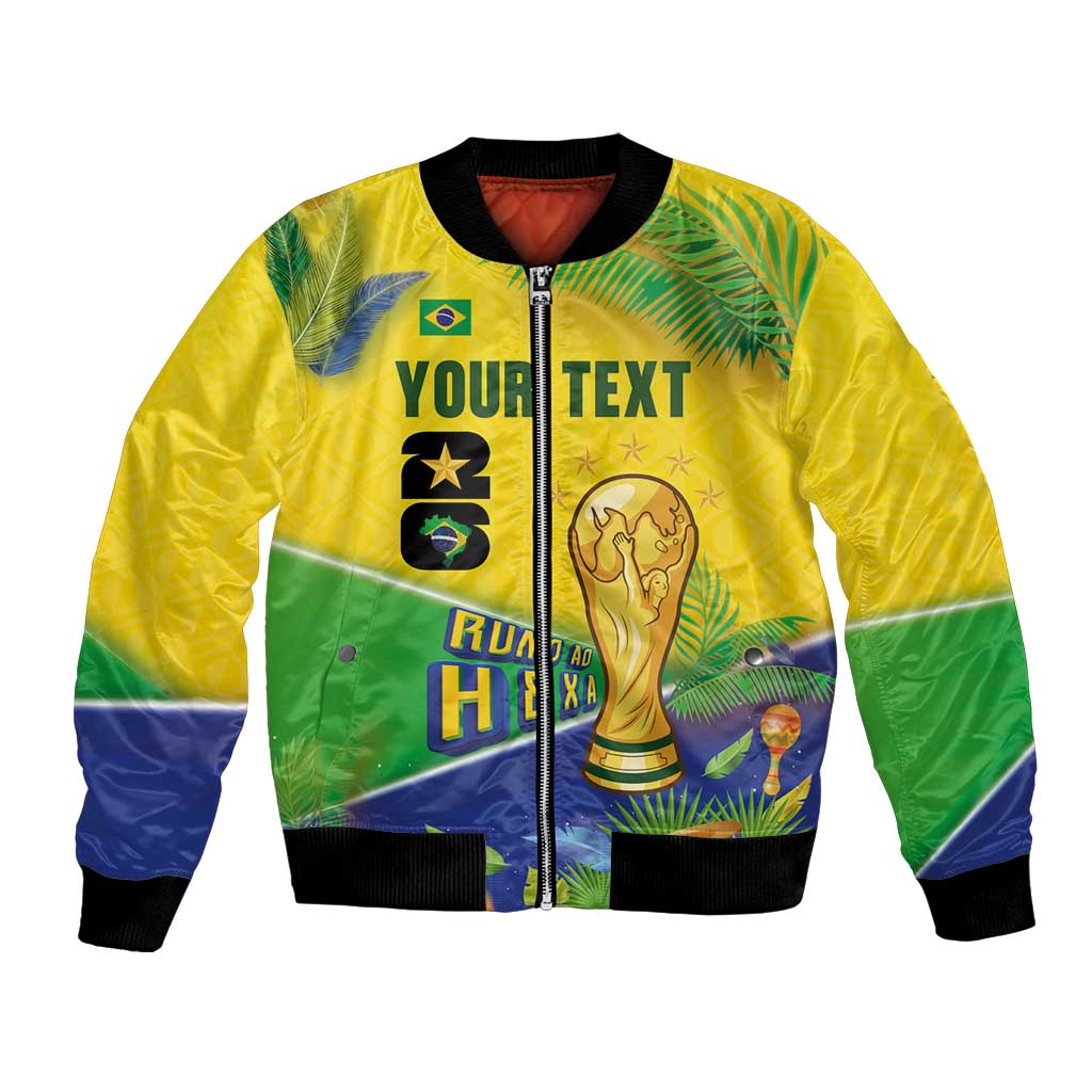 Personalized Brasil Rumo ao Hexa 26 Bomber Jacket World Trophy Gold Tropical Plants Carnival Style