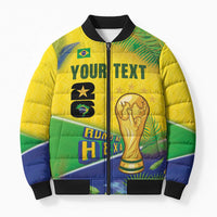Personalized Brasil Rumo ao Hexa 26 Bomber Puffer Jacket World Trophy Gold Tropical Plants Carnival Style