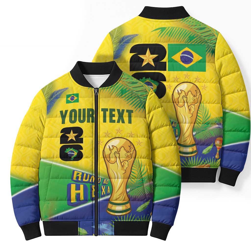 Personalized Brasil Rumo ao Hexa 26 Bomber Puffer Jacket World Trophy Gold Tropical Plants Carnival Style