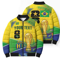 Personalized Brasil Rumo ao Hexa 26 Bomber Puffer Jacket World Trophy Gold Tropical Plants Carnival Style