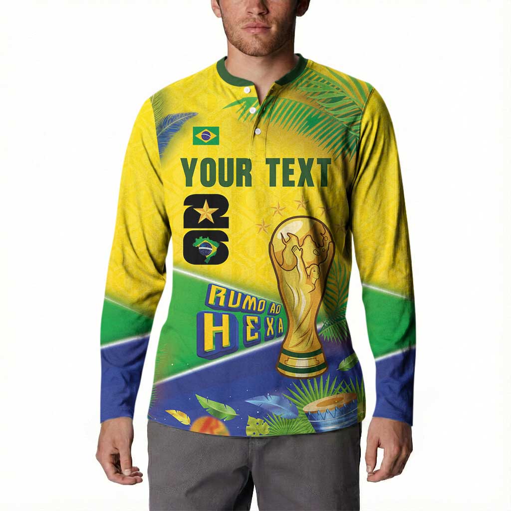 Personalized Brasil Rumo ao Hexa 26 Button Sweatshirt World Trophy Gold Tropical Plants Carnival Style