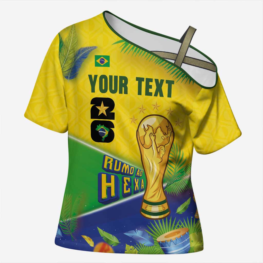 Personalized Brasil Rumo ao Hexa 26 Cross Shoulder Shirt World Trophy Gold Tropical Plants Carnival Style