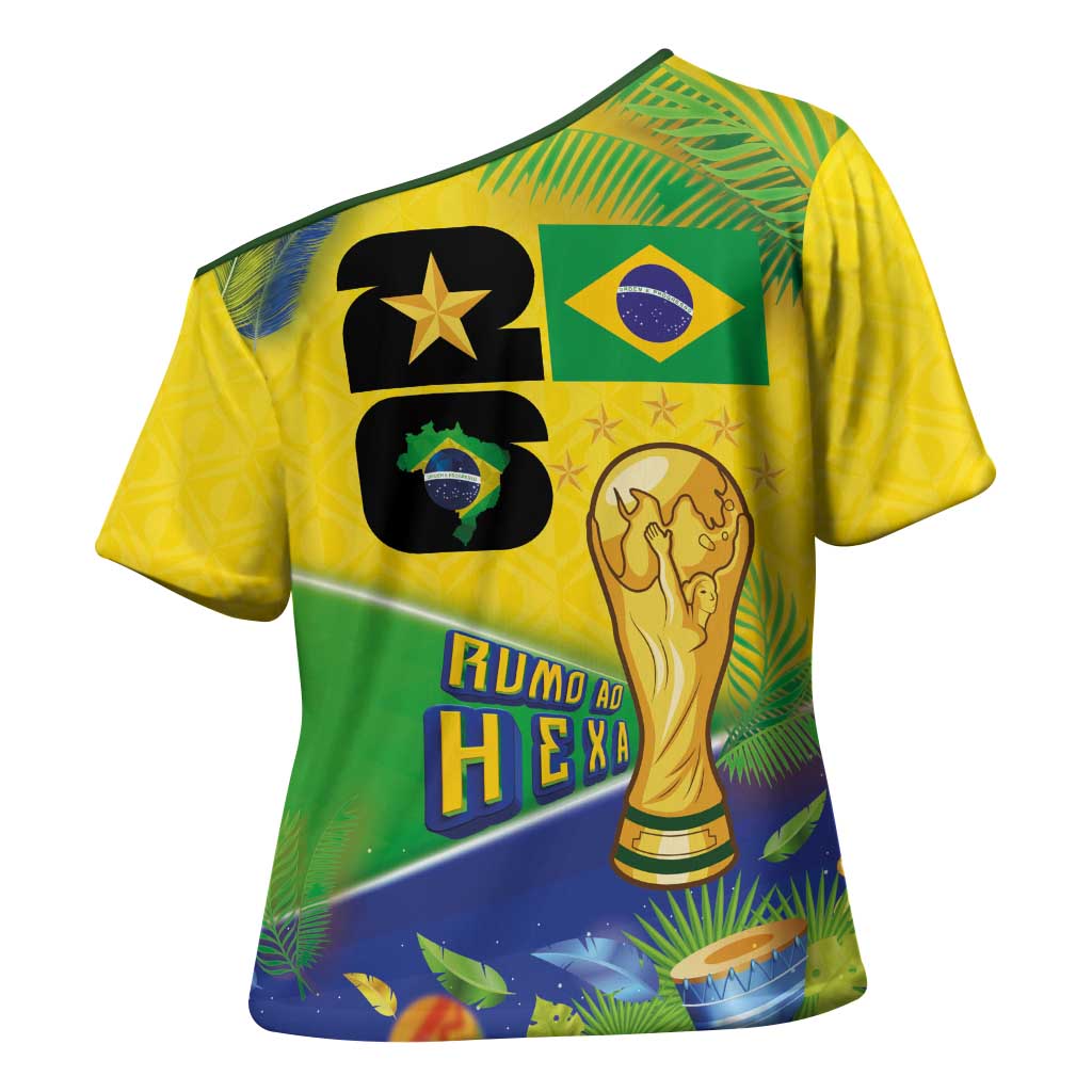 Personalized Brasil Rumo ao Hexa 26 Cross Shoulder Shirt World Trophy Gold Tropical Plants Carnival Style