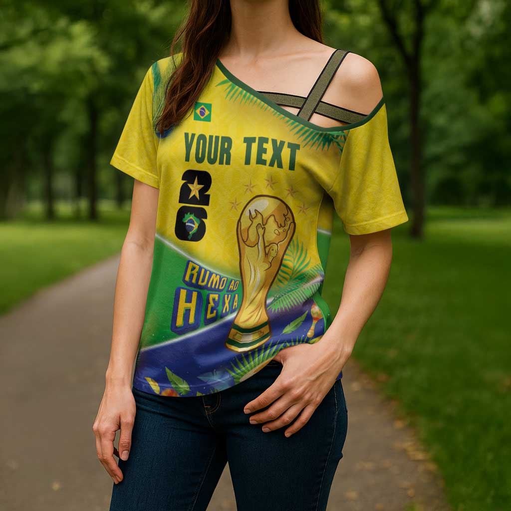 Personalized Brasil Rumo ao Hexa 26 Cross Shoulder Shirt World Trophy Gold Tropical Plants Carnival Style