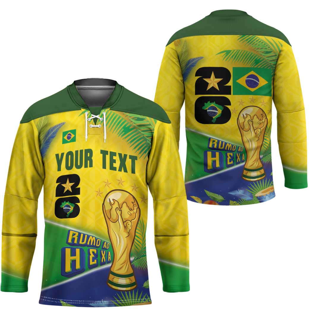 Personalized Brasil Rumo ao Hexa 26 Hockey Jersey World Trophy Gold Tropical Plants Carnival Style