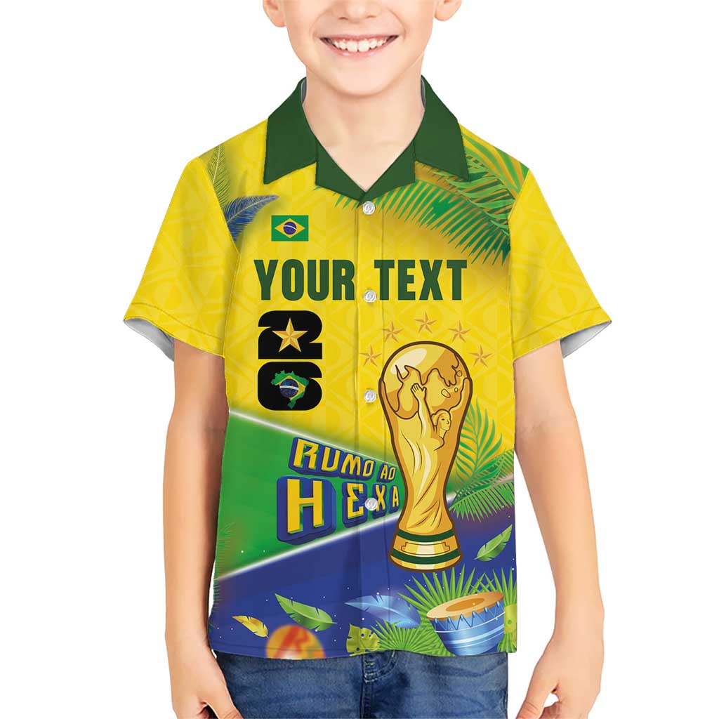 Personalized Brasil Rumo ao Hexa 26 Kid Hawaiian Shirt World Trophy Gold Tropical Plants Carnival Style