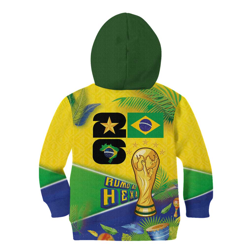 Personalized Brasil Rumo ao Hexa 26 Kid Hoodie World Trophy Gold Tropical Plants Carnival Style