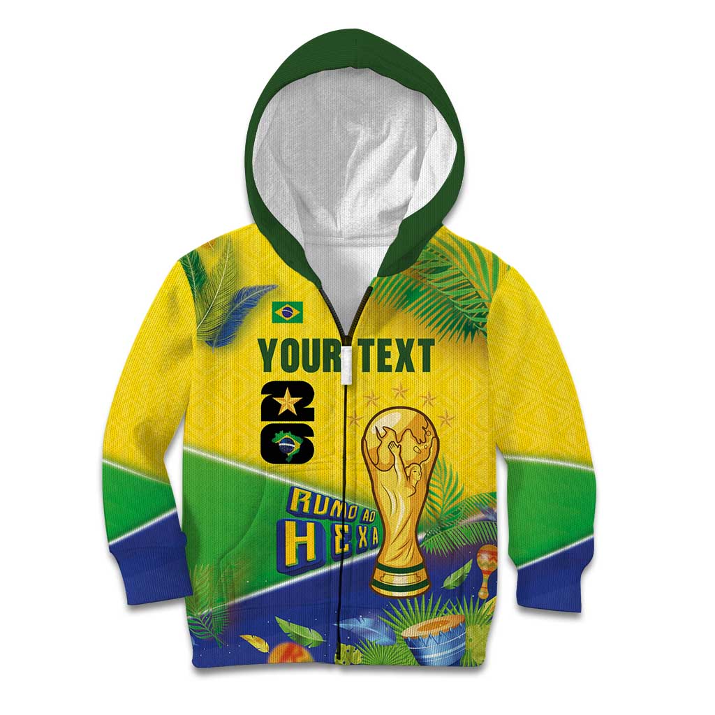 Personalized Brasil Rumo ao Hexa 26 Kid Hoodie World Trophy Gold Tropical Plants Carnival Style