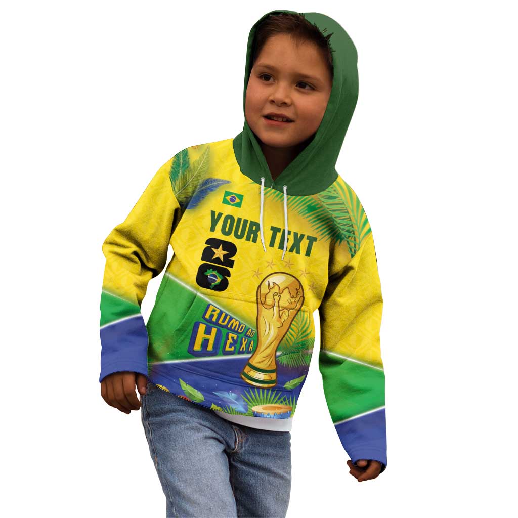Personalized Brasil Rumo ao Hexa 26 Kid Hoodie World Trophy Gold Tropical Plants Carnival Style
