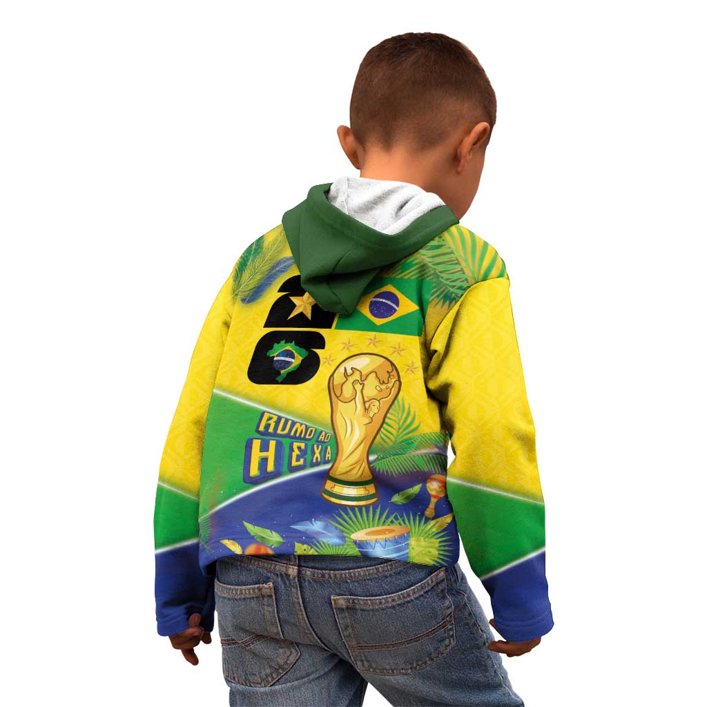 Personalized Brasil Rumo ao Hexa 26 Kid Hoodie World Trophy Gold Tropical Plants Carnival Style