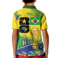 Personalized Brasil Rumo ao Hexa 26 Kid Polo Shirt World Trophy Gold Tropical Plants Carnival Style