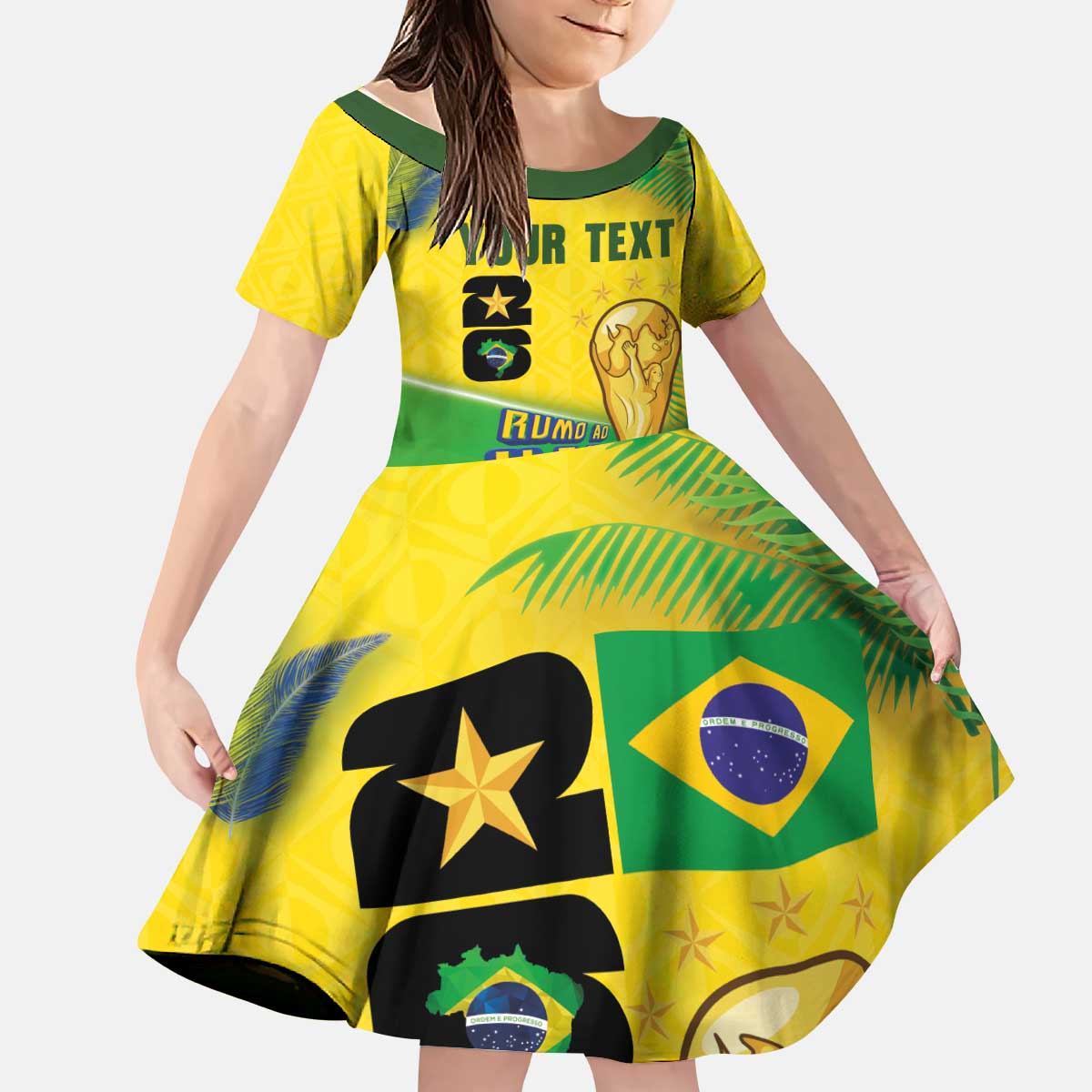 Personalized Brasil Rumo ao Hexa 26 Kid Short Sleeve Dress World Trophy Gold Tropical Plants Carnival Style