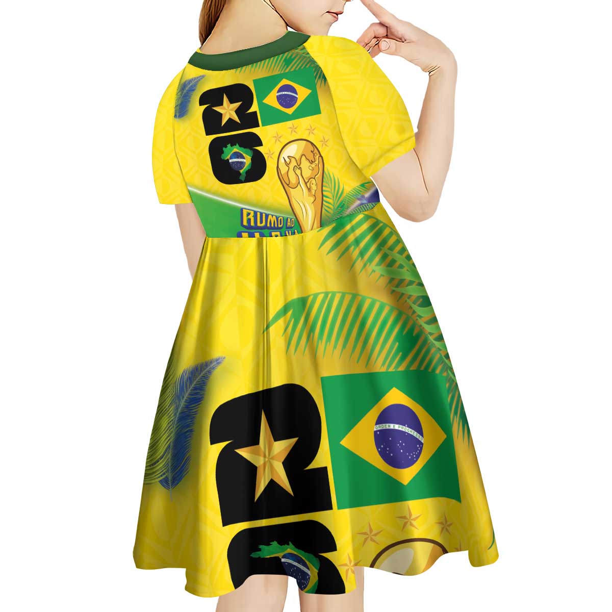 Personalized Brasil Rumo ao Hexa 26 Kid Short Sleeve Dress World Trophy Gold Tropical Plants Carnival Style