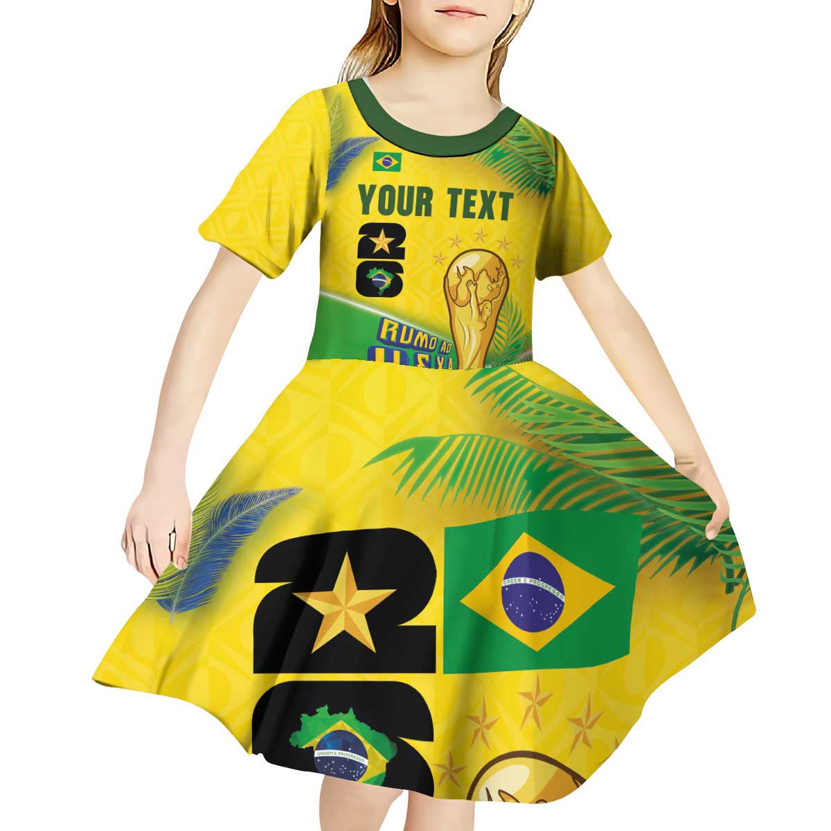 Personalized Brasil Rumo ao Hexa 26 Kid Short Sleeve Dress World Trophy Gold Tropical Plants Carnival Style