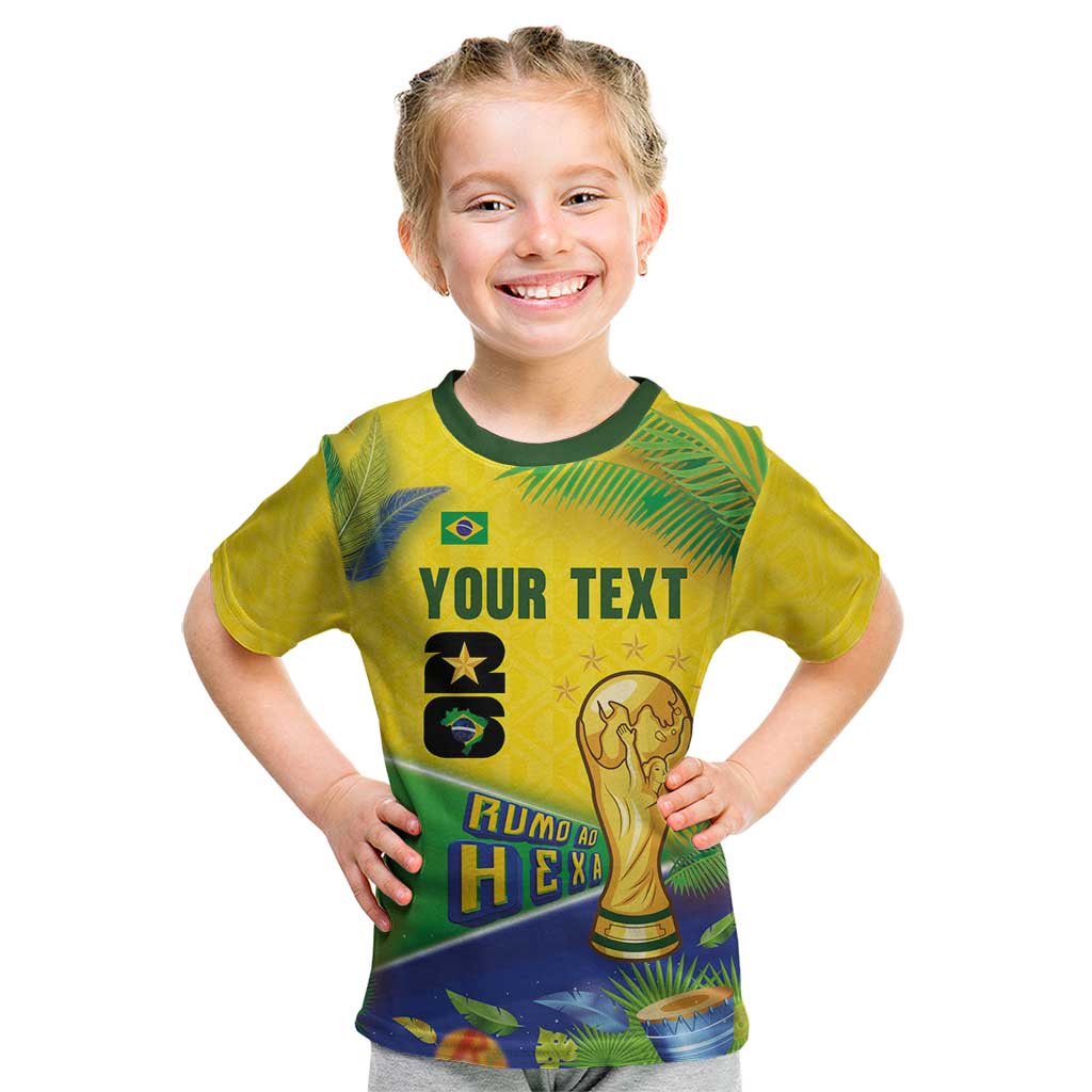 Personalized Brasil Rumo ao Hexa 26 Kid T Shirt World Trophy Gold Tropical Plants Carnival Style