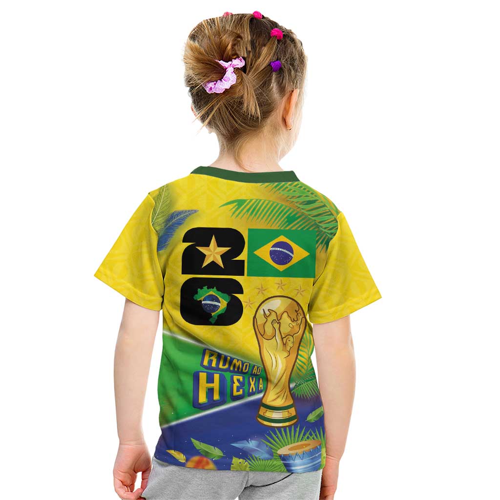 Personalized Brasil Rumo ao Hexa 26 Kid T Shirt World Trophy Gold Tropical Plants Carnival Style