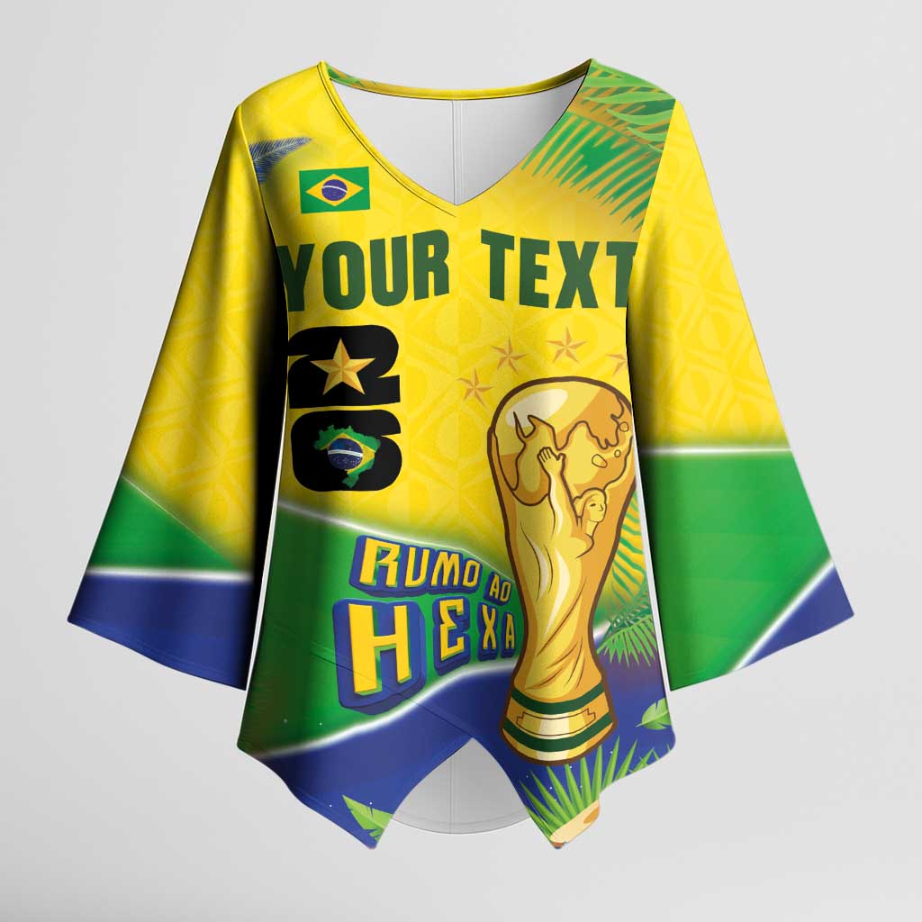 Personalized Brasil Rumo ao Hexa 26 Kimono Sleeve Blouse World Trophy Gold Tropical Plants Carnival Style