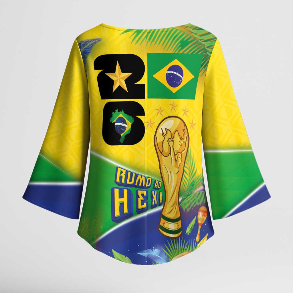 Personalized Brasil Rumo ao Hexa 26 Kimono Sleeve Blouse World Trophy Gold Tropical Plants Carnival Style