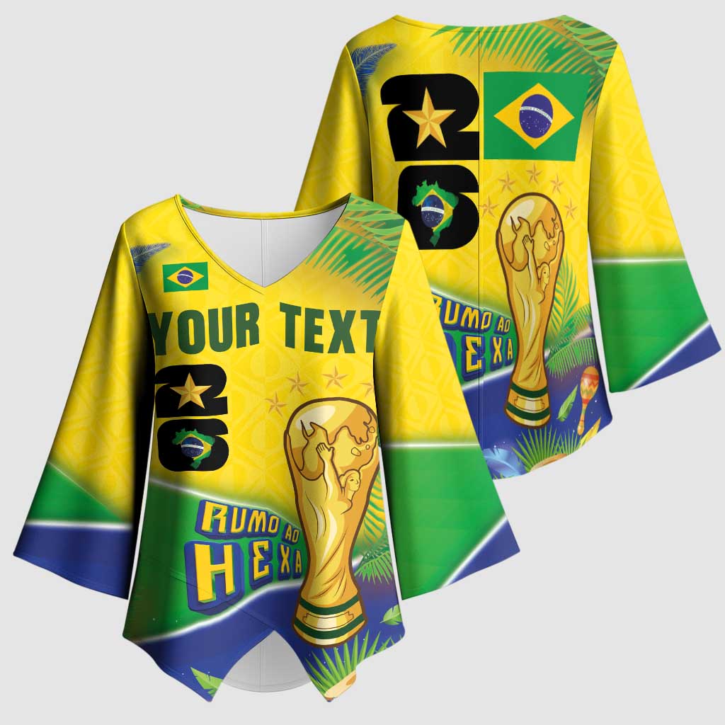 Personalized Brasil Rumo ao Hexa 26 Kimono Sleeve Blouse World Trophy Gold Tropical Plants Carnival Style