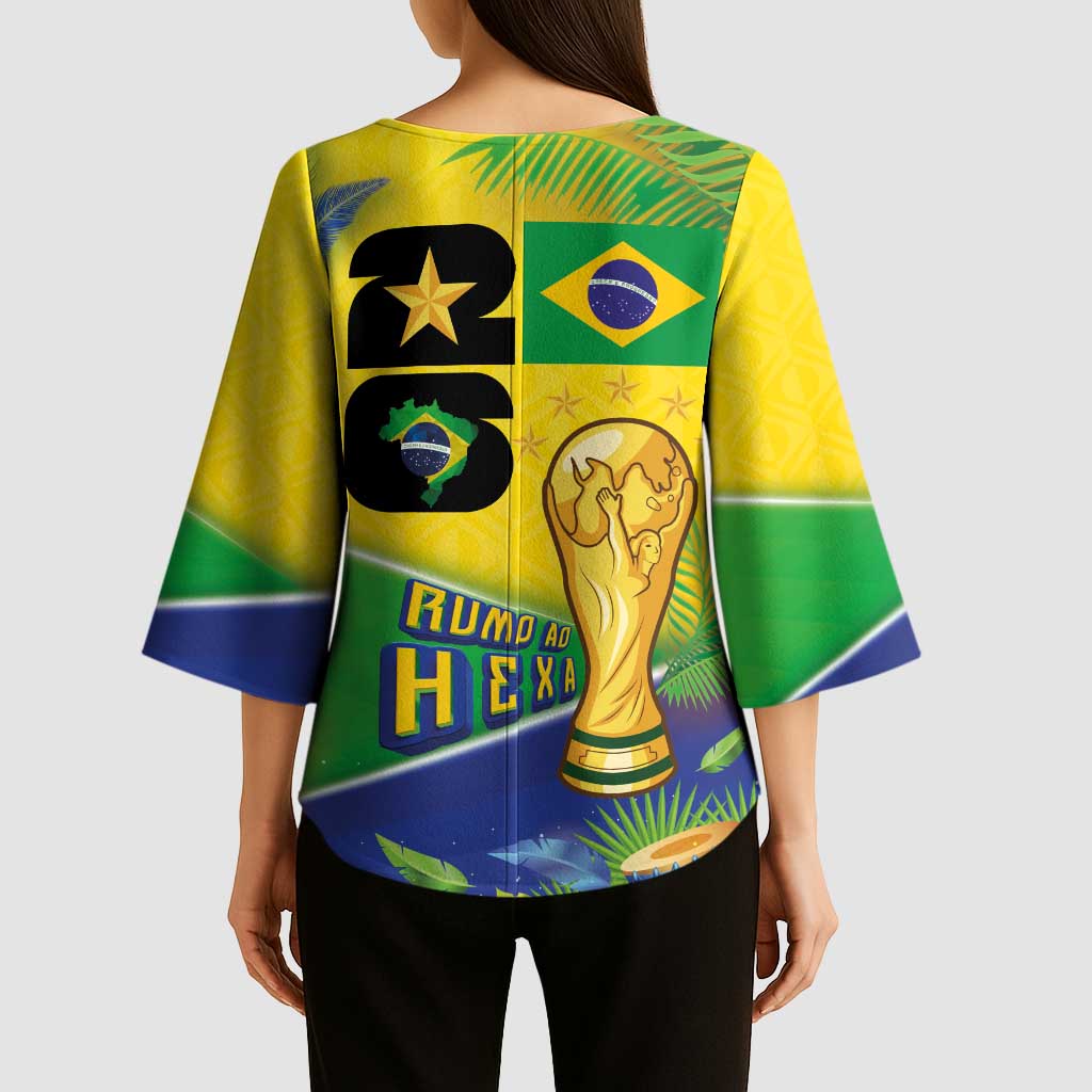 Personalized Brasil Rumo ao Hexa 26 Kimono Sleeve Blouse World Trophy Gold Tropical Plants Carnival Style