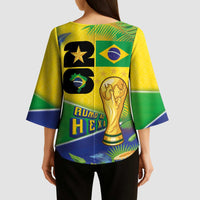 Personalized Brasil Rumo ao Hexa 26 Kimono Sleeve Blouse World Trophy Gold Tropical Plants Carnival Style