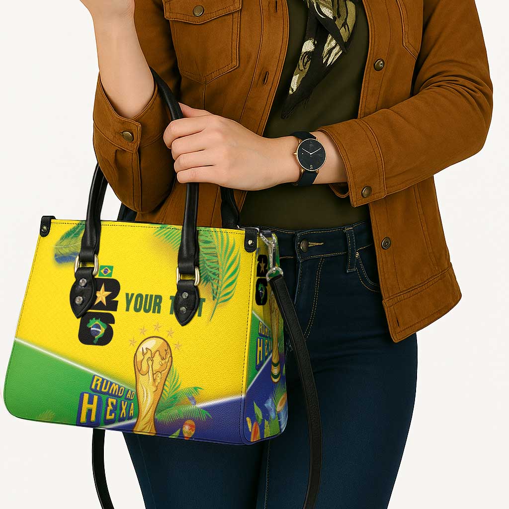 Personalized Brasil Rumo ao Hexa 26 Leather Bag World Trophy Gold Tropical Plants Carnival Style