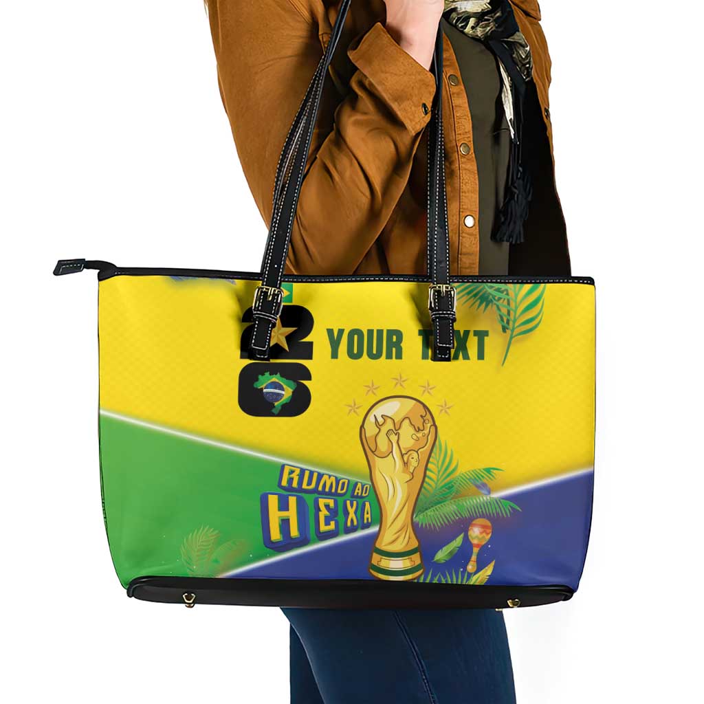 Personalized Brasil Rumo ao Hexa 26 Leather Tote Bag World Trophy Gold Tropical Plants Carnival Style