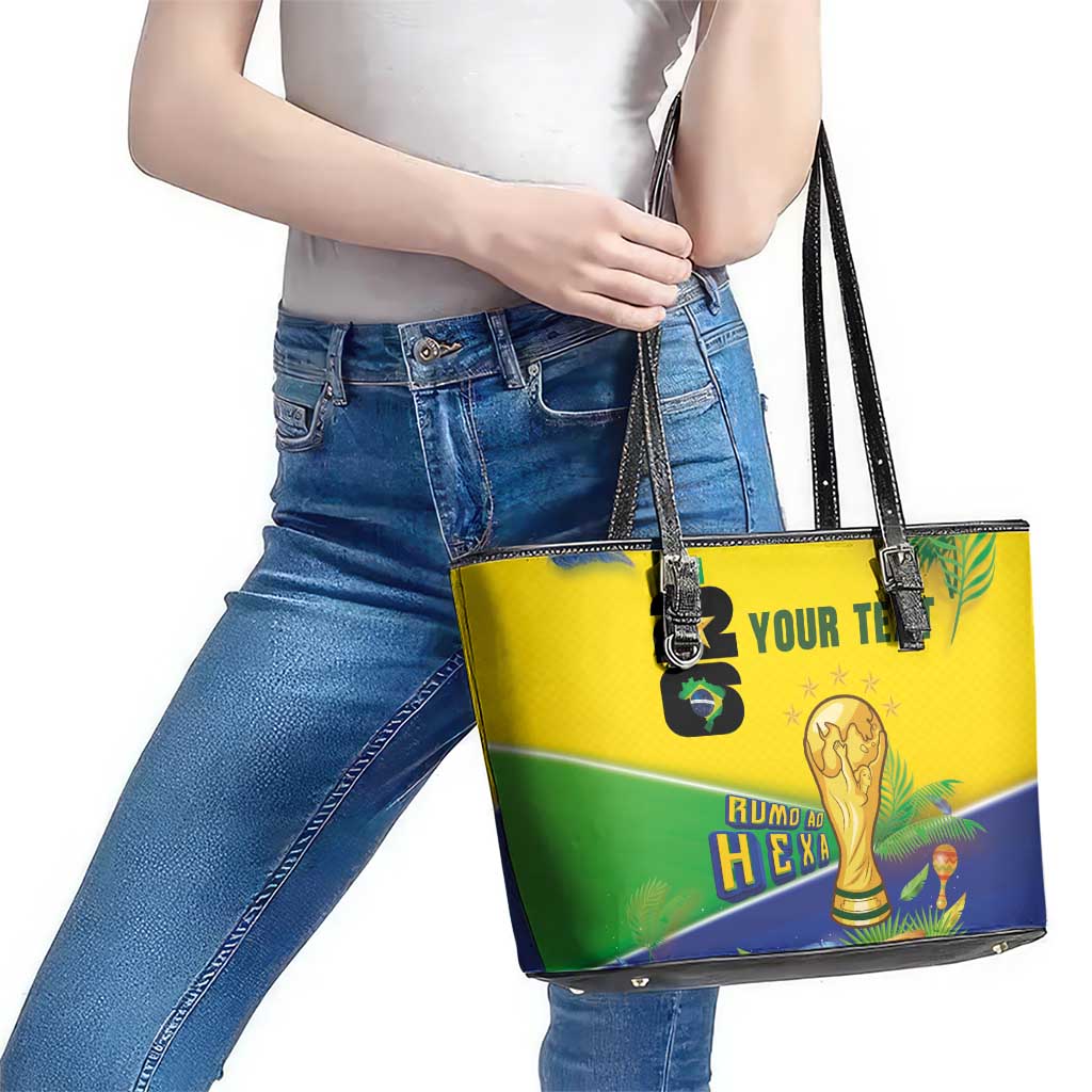 Personalized Brasil Rumo ao Hexa 26 Leather Tote Bag World Trophy Gold Tropical Plants Carnival Style