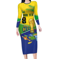 Personalized Brasil Rumo ao Hexa 26 Long Sleeve Bodycon Dress World Trophy Gold Tropical Plants Carnival Style