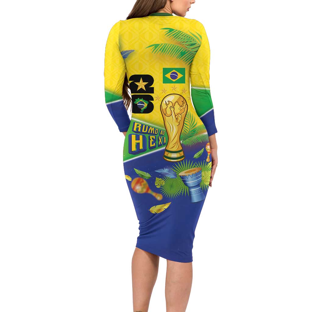 Personalized Brasil Rumo ao Hexa 26 Long Sleeve Bodycon Dress World Trophy Gold Tropical Plants Carnival Style