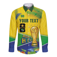 Personalized Brasil Rumo ao Hexa 26 Long Sleeve Button Shirt World Trophy Gold Tropical Plants Carnival Style