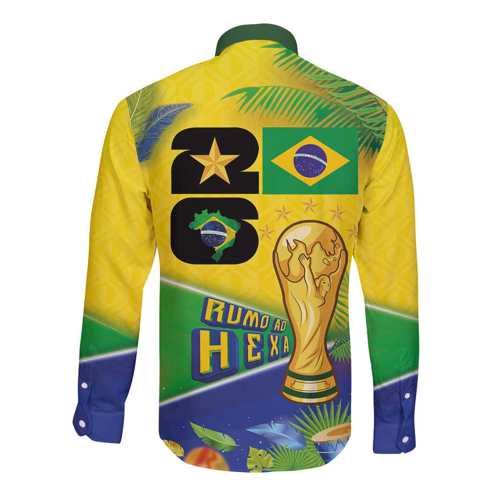Personalized Brasil Rumo ao Hexa 26 Long Sleeve Button Shirt World Trophy Gold Tropical Plants Carnival Style