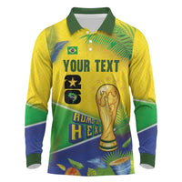Personalized Brasil Rumo ao Hexa 26 Long Sleeve Polo Shirt World Trophy Gold Tropical Plants Carnival Style