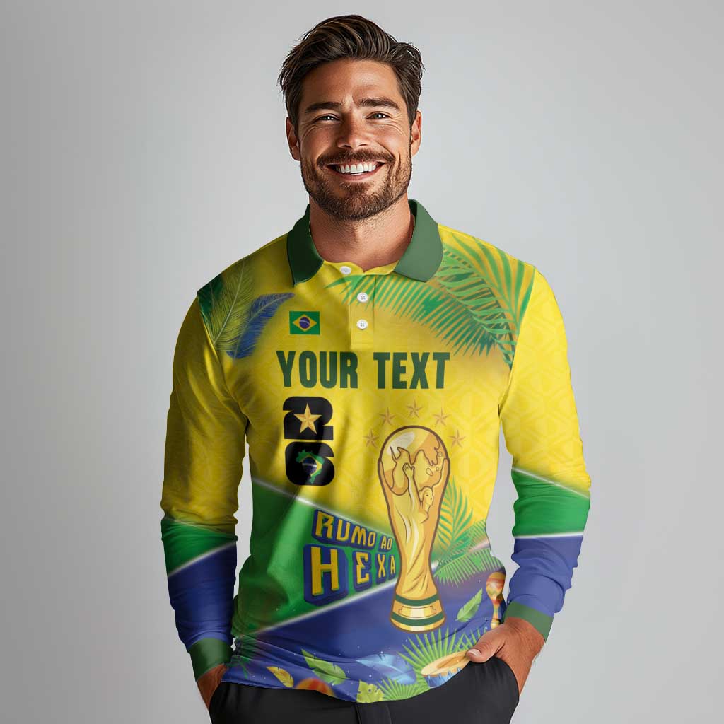 Personalized Brasil Rumo ao Hexa 26 Long Sleeve Polo Shirt World Trophy Gold Tropical Plants Carnival Style