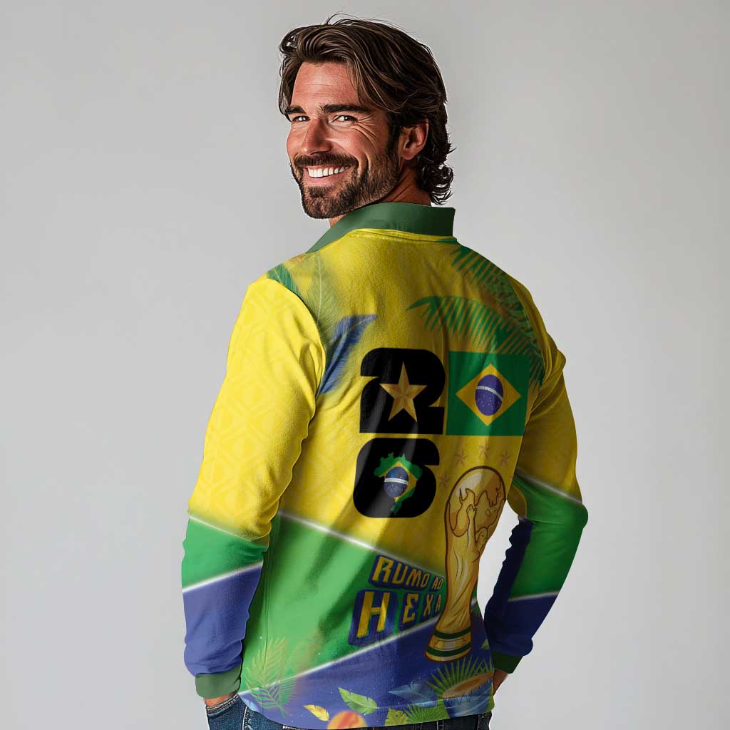Personalized Brasil Rumo ao Hexa 26 Long Sleeve Polo Shirt World Trophy Gold Tropical Plants Carnival Style