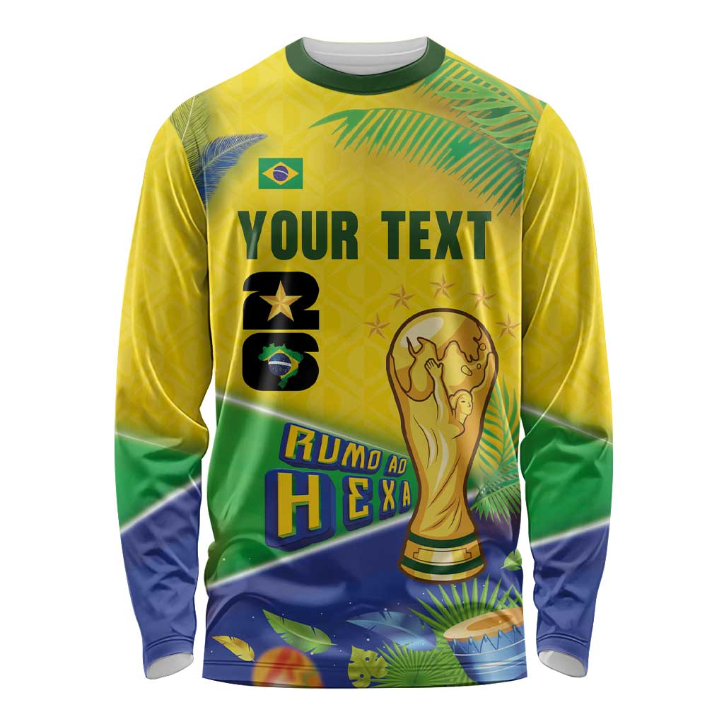 Personalized Brasil Rumo ao Hexa 26 Long Sleeve Shirt World Trophy Gold Tropical Plants Carnival Style