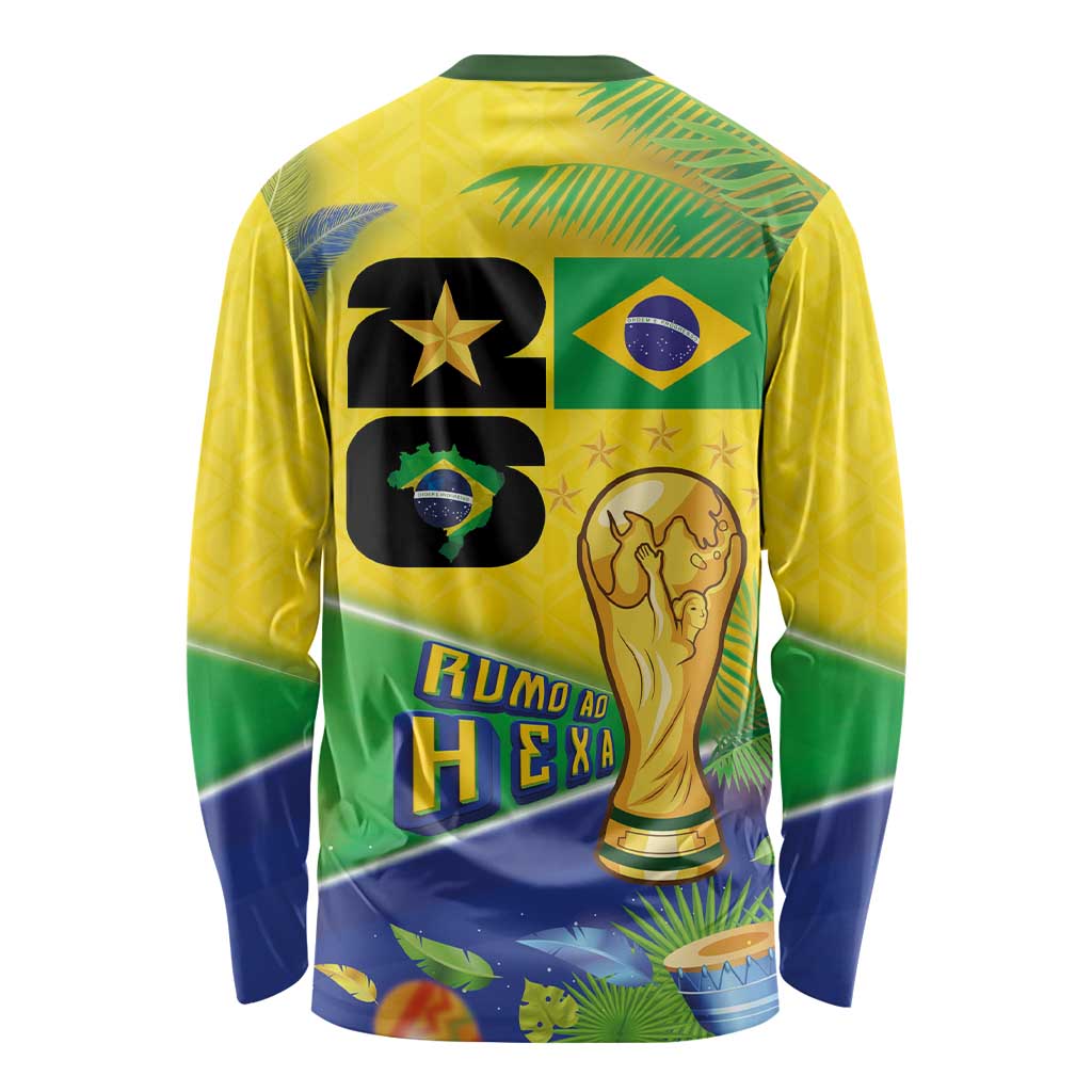 Personalized Brasil Rumo ao Hexa 26 Long Sleeve Shirt World Trophy Gold Tropical Plants Carnival Style