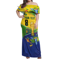 Personalized Brasil Rumo ao Hexa 26 Off Shoulder Maxi Dress World Trophy Gold Tropical Plants Carnival Style