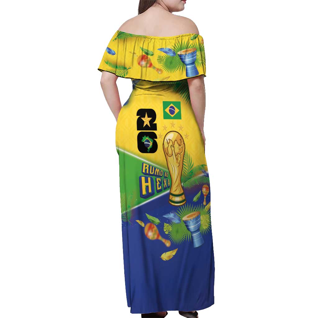 Personalized Brasil Rumo ao Hexa 26 Off Shoulder Maxi Dress World Trophy Gold Tropical Plants Carnival Style