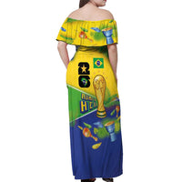 Personalized Brasil Rumo ao Hexa 26 Off Shoulder Maxi Dress World Trophy Gold Tropical Plants Carnival Style