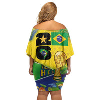 Personalized Brasil Rumo ao Hexa 26 Off Shoulder Short Dress World Trophy Gold Tropical Plants Carnival Style