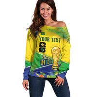 Personalized Brasil Rumo ao Hexa 26 Off Shoulder Sweater World Trophy Gold Tropical Plants Carnival Style